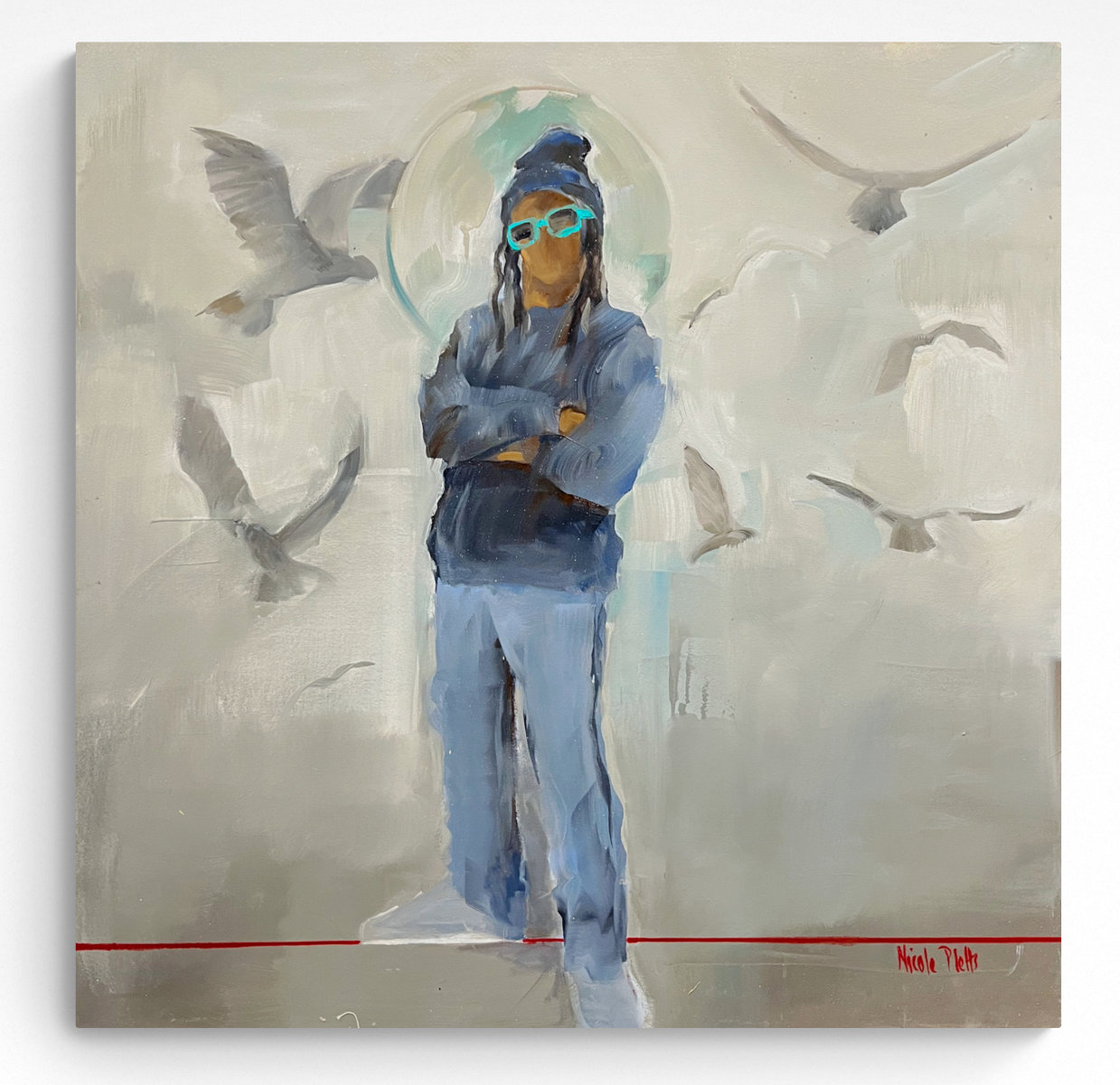 A painting of a figure surrounded by birds